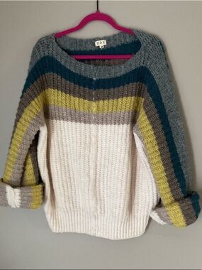 POL Cream Sweater with Teal, Olive, Gray & Yellow Stripes